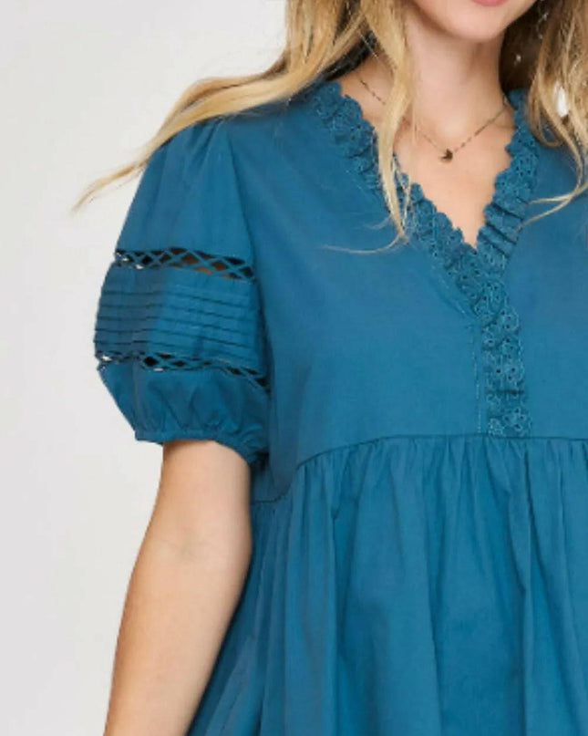 Lace Detail Puff Sleeve Mini Dress Plus Size.