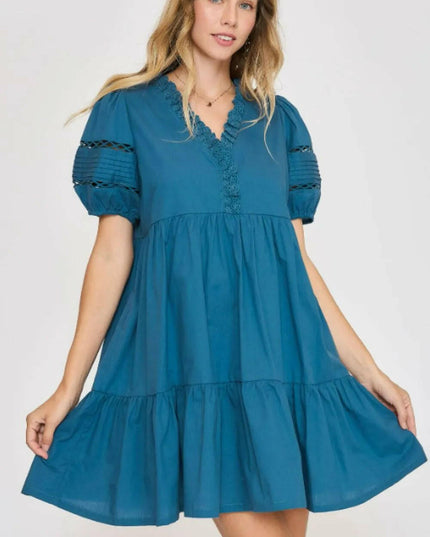 Lace Detail Puff Sleeve Mini Dress Plus Size.