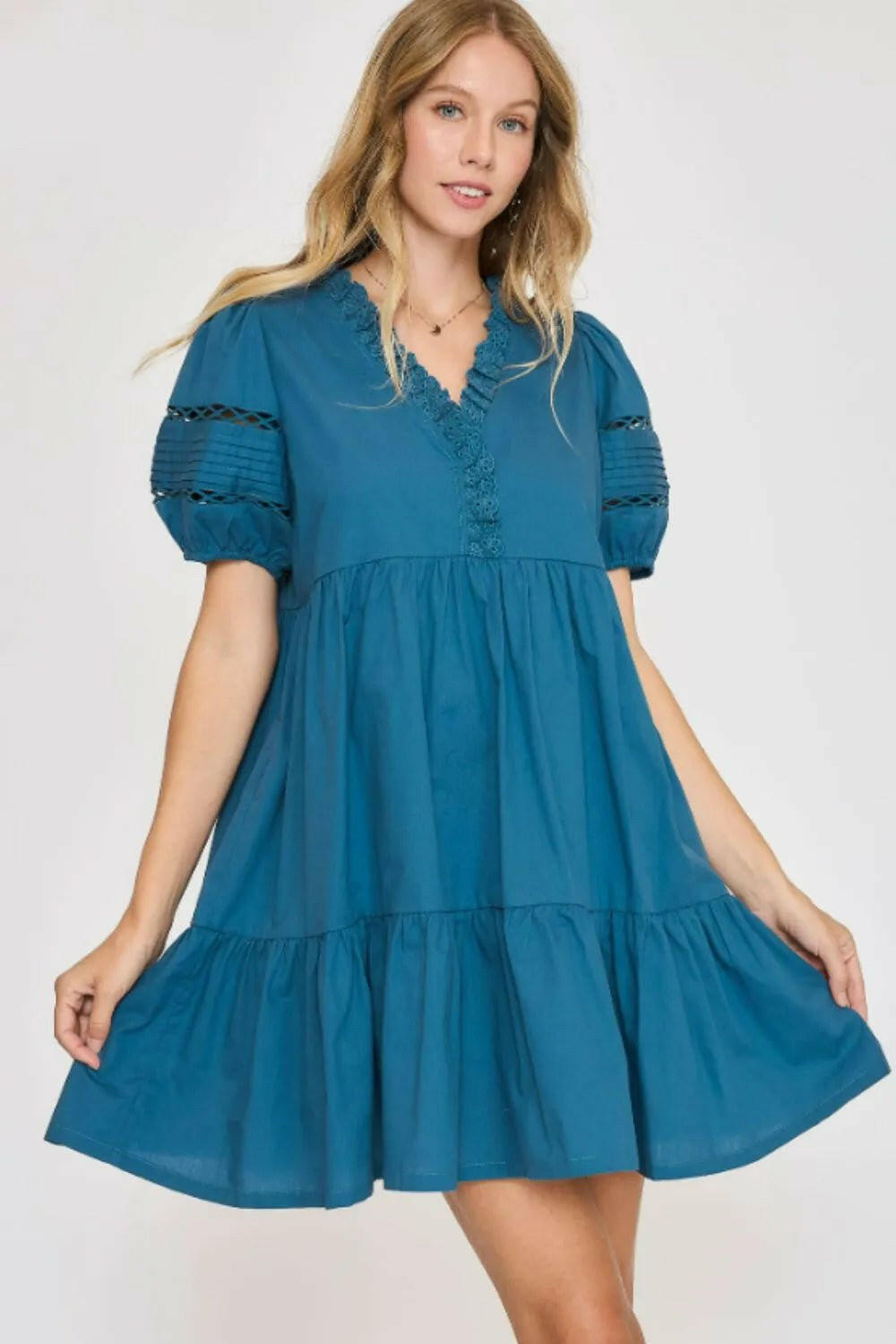 Lace Detail Puff Sleeve Mini Dress Plus Size.