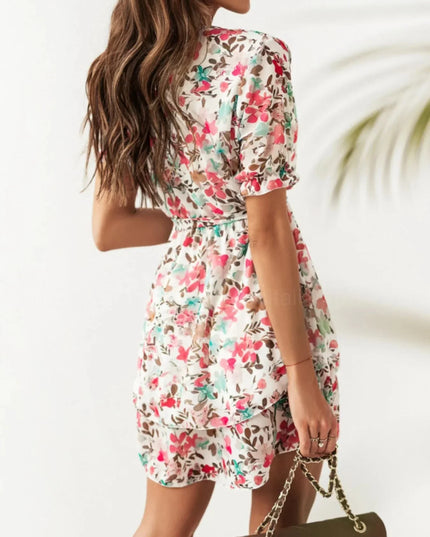 Layered Floral Mini Dress with Playful Ruffle Hem.