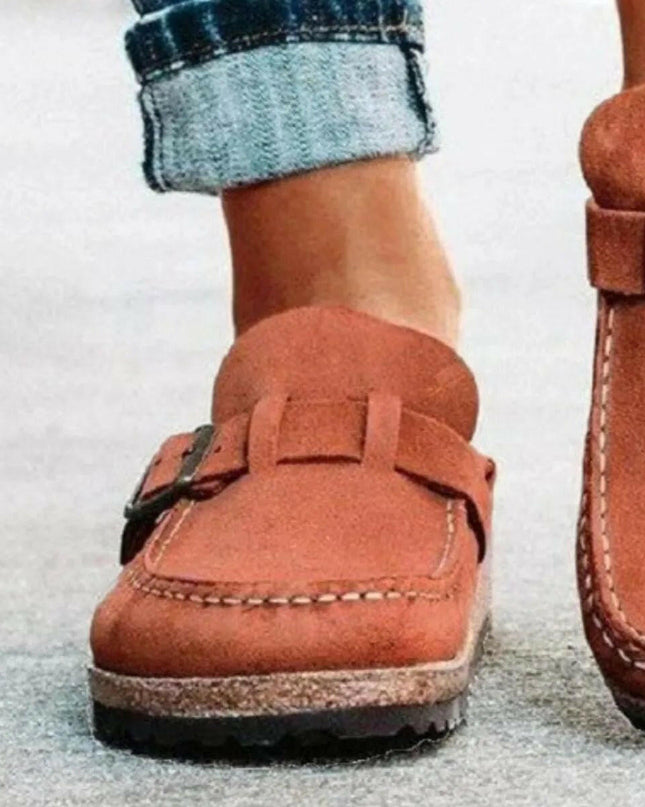 Low Heel Buckle Loafers.