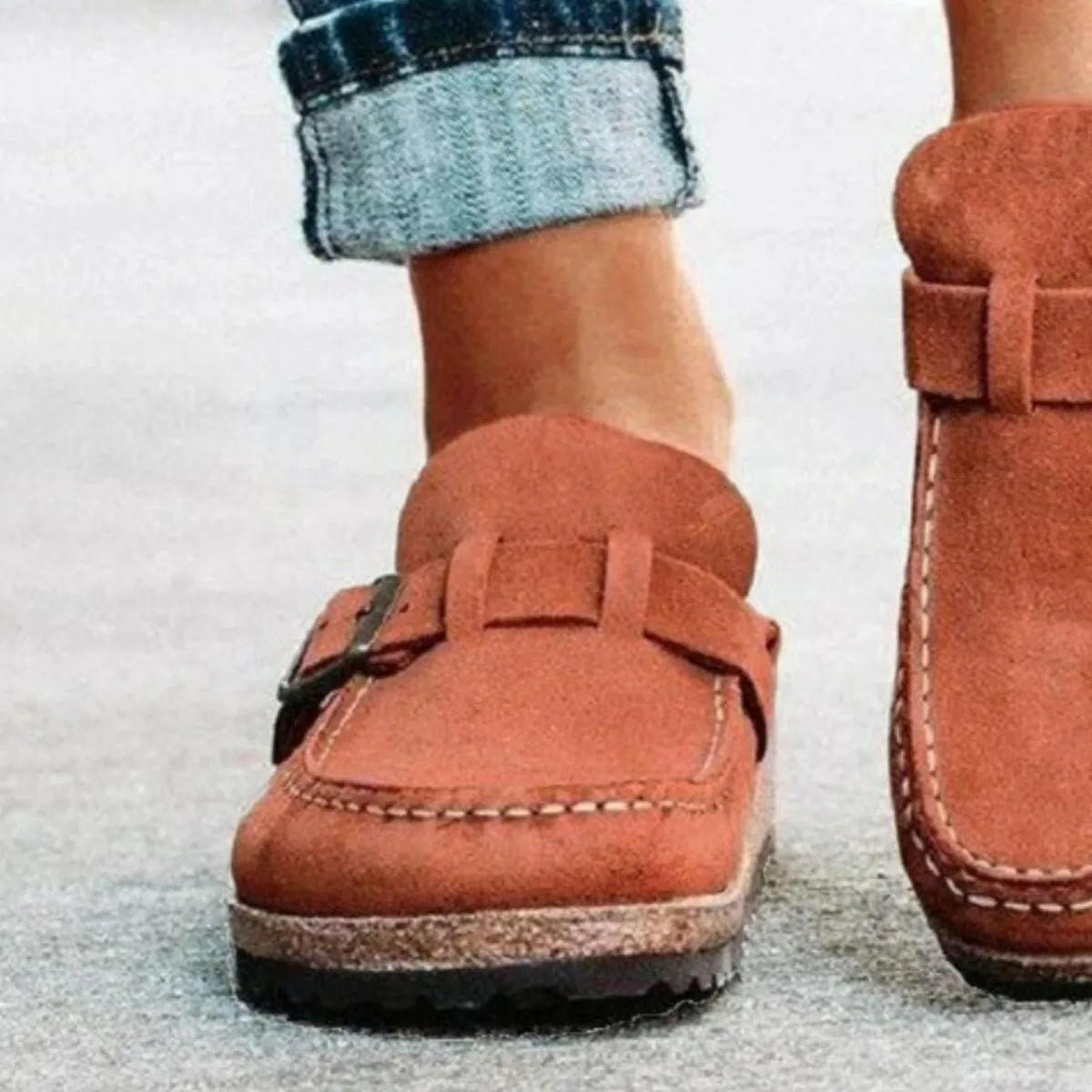 Low Heel Buckle Loafers.