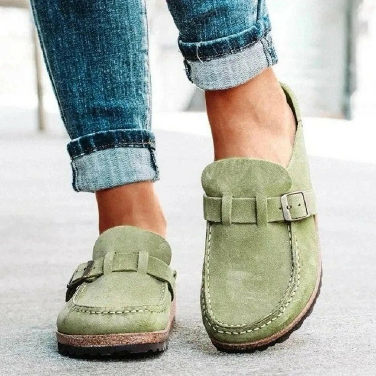 Low Heel Buckle Loafers.