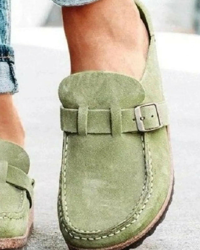 Low Heel Buckle Loafers.