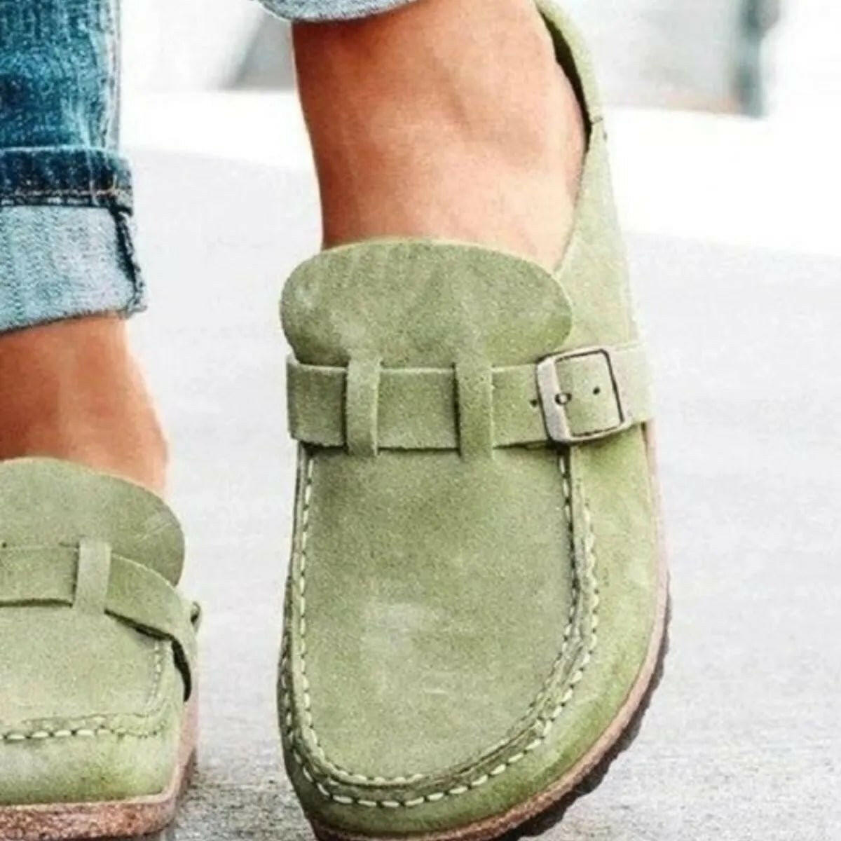 Low Heel Buckle Loafers.