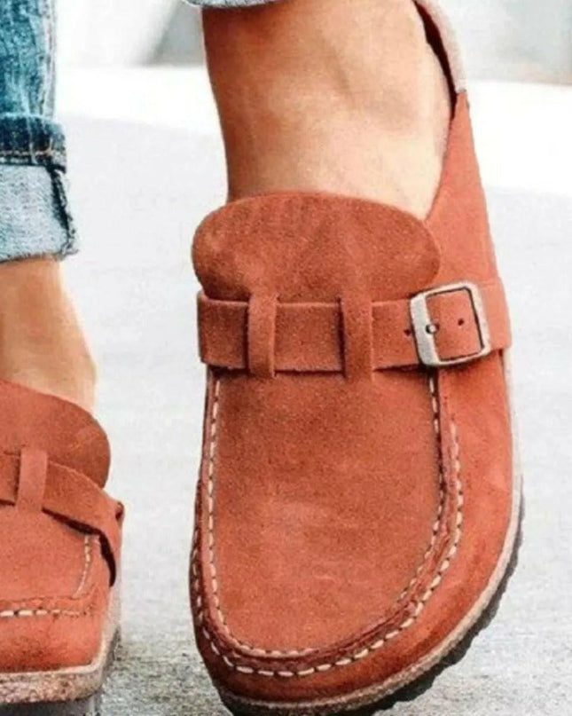 Low Heel Buckle Loafers.