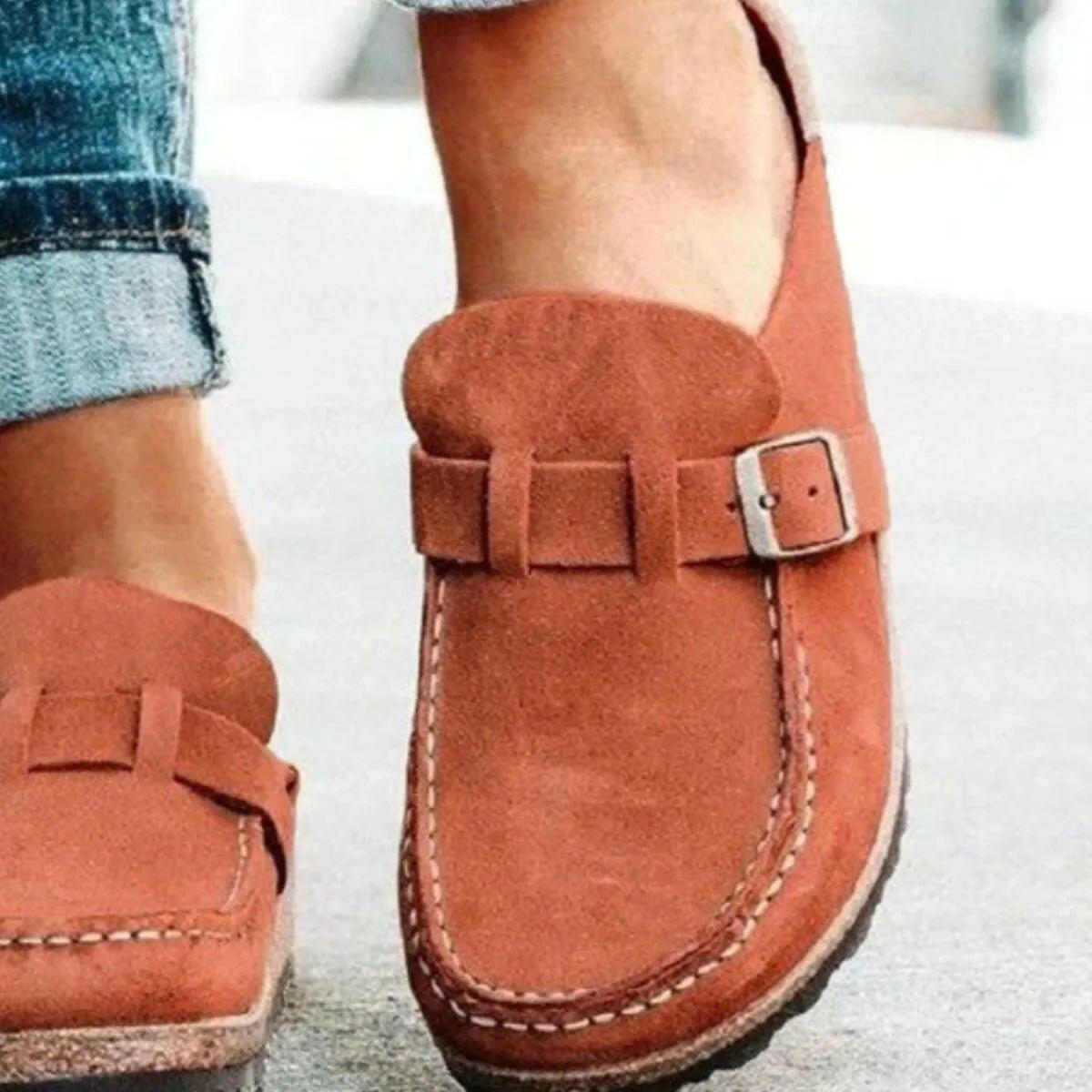 Low Heel Buckle Loafers.