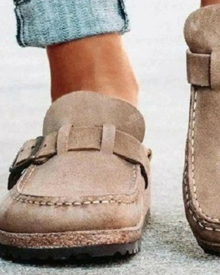 Low Heel Buckle Loafers.