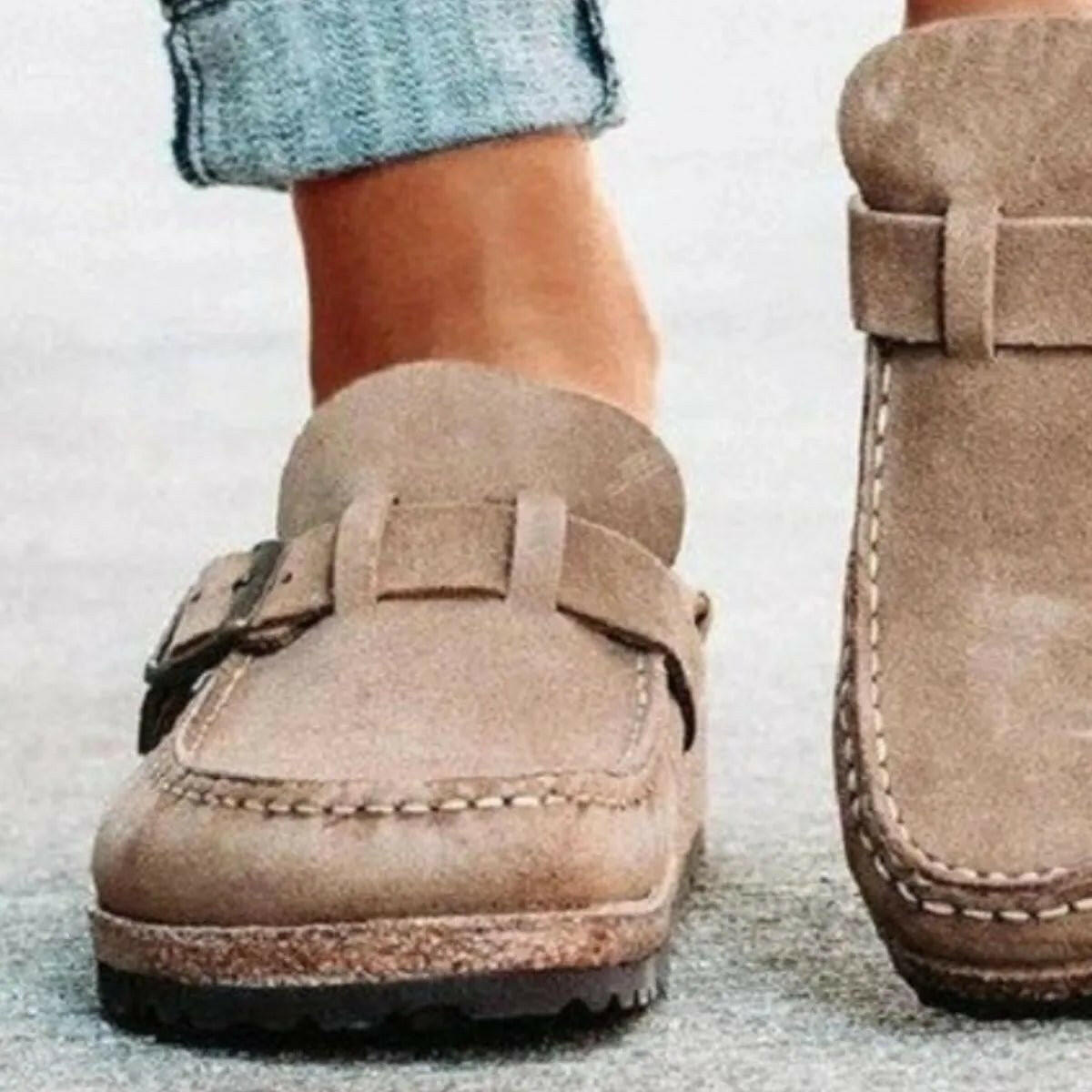 Low Heel Buckle Loafers.