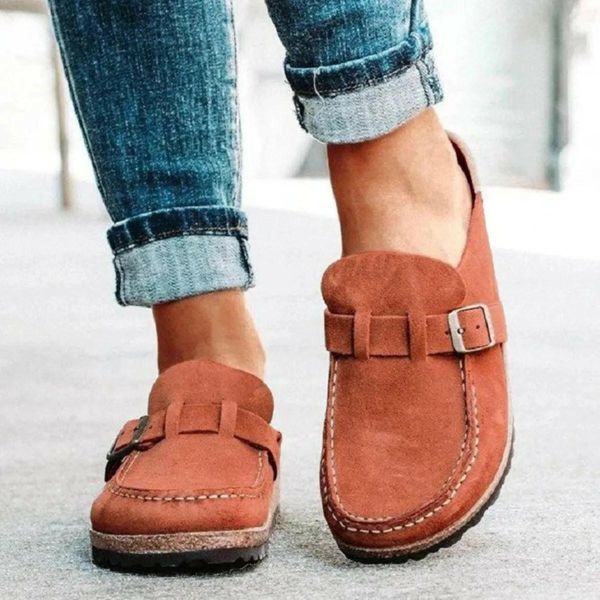 Low Heel Buckle Loafers.