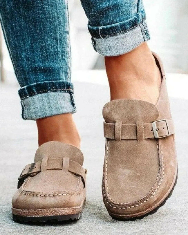 Low Heel Buckle Loafers.