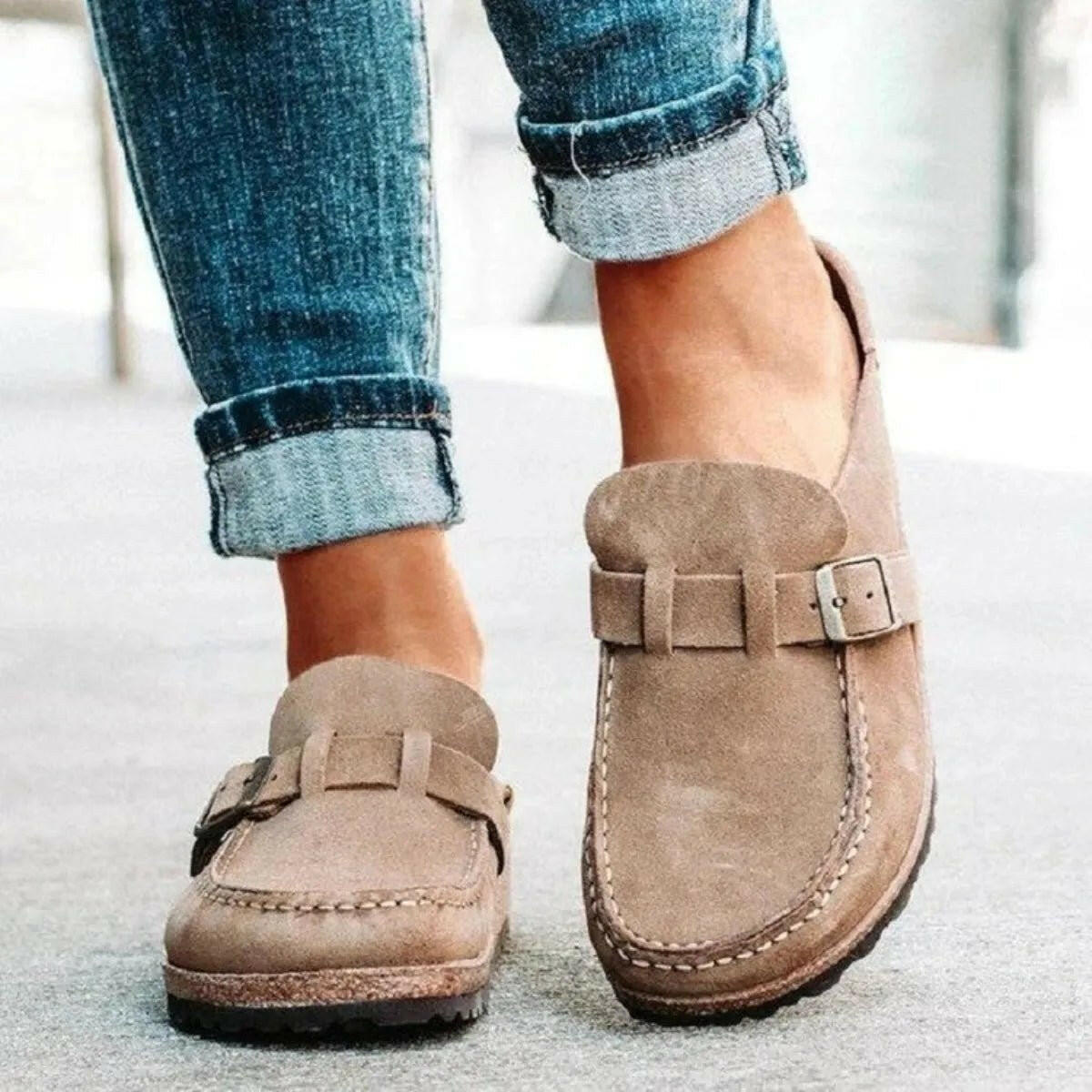 Low Heel Buckle Loafers.