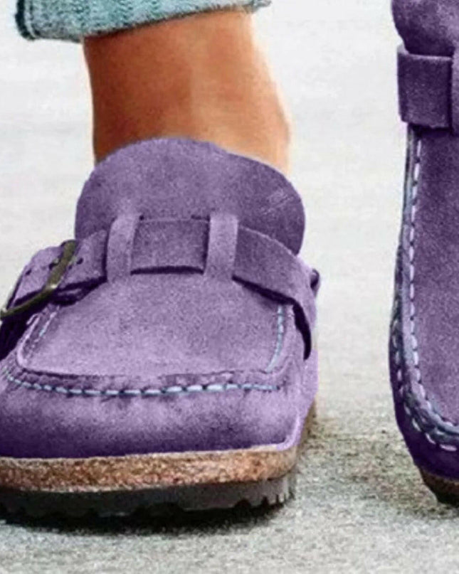 Low Heel Buckle Loafers.