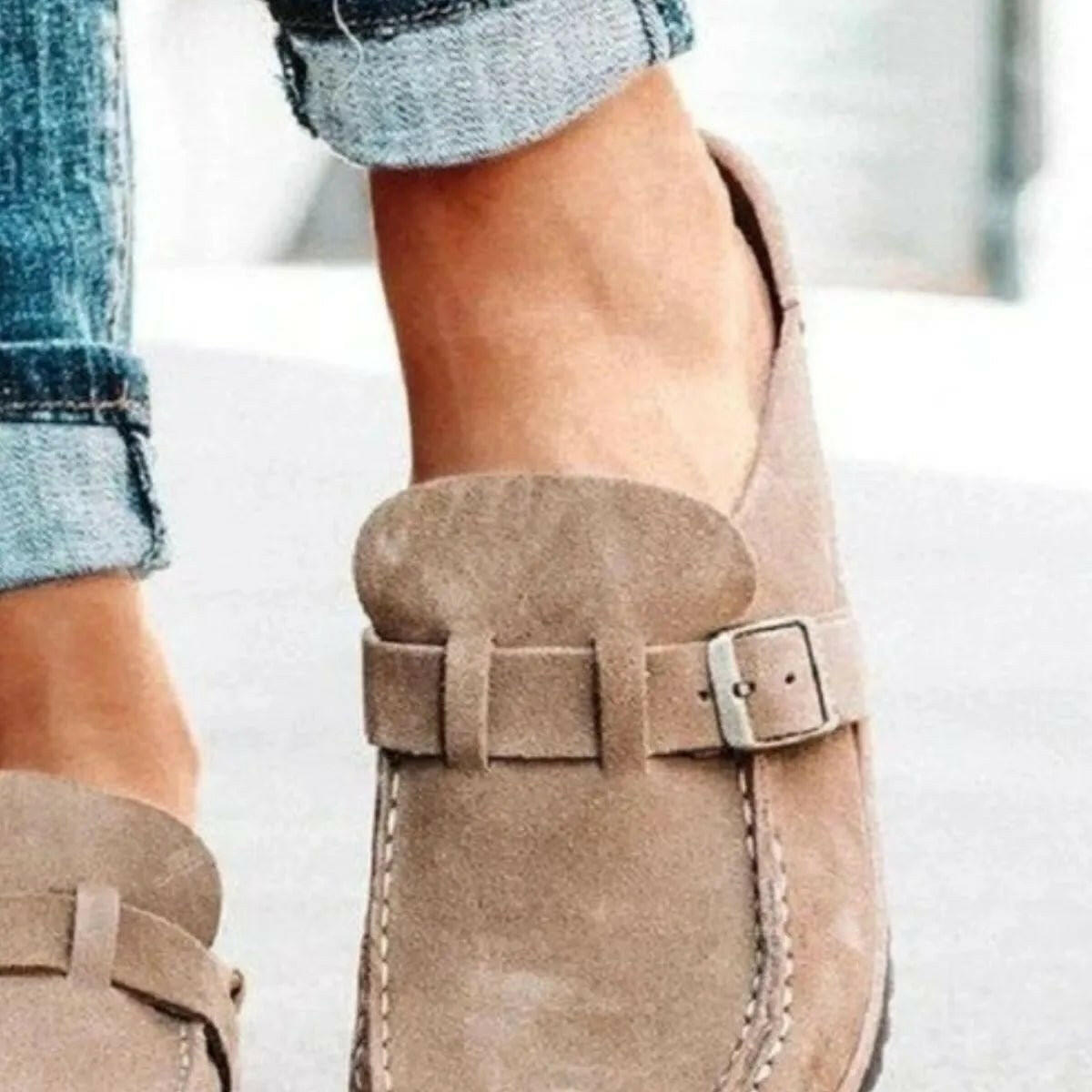 Low Heel Buckle Loafers.