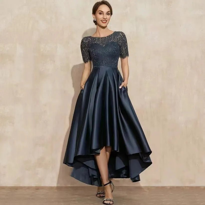 Navy Blue High-Low Lace Party Dress.