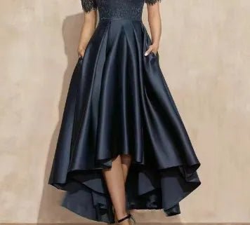 Navy Blue High-Low Lace Party Dress.