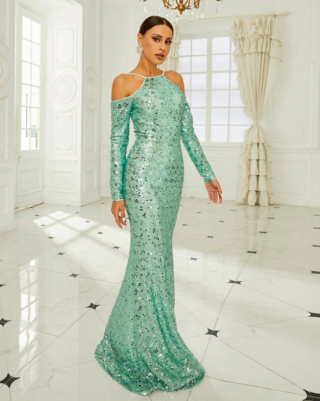 Off-Shoulder Sequin Fishtail Gown with Long Sleeves.