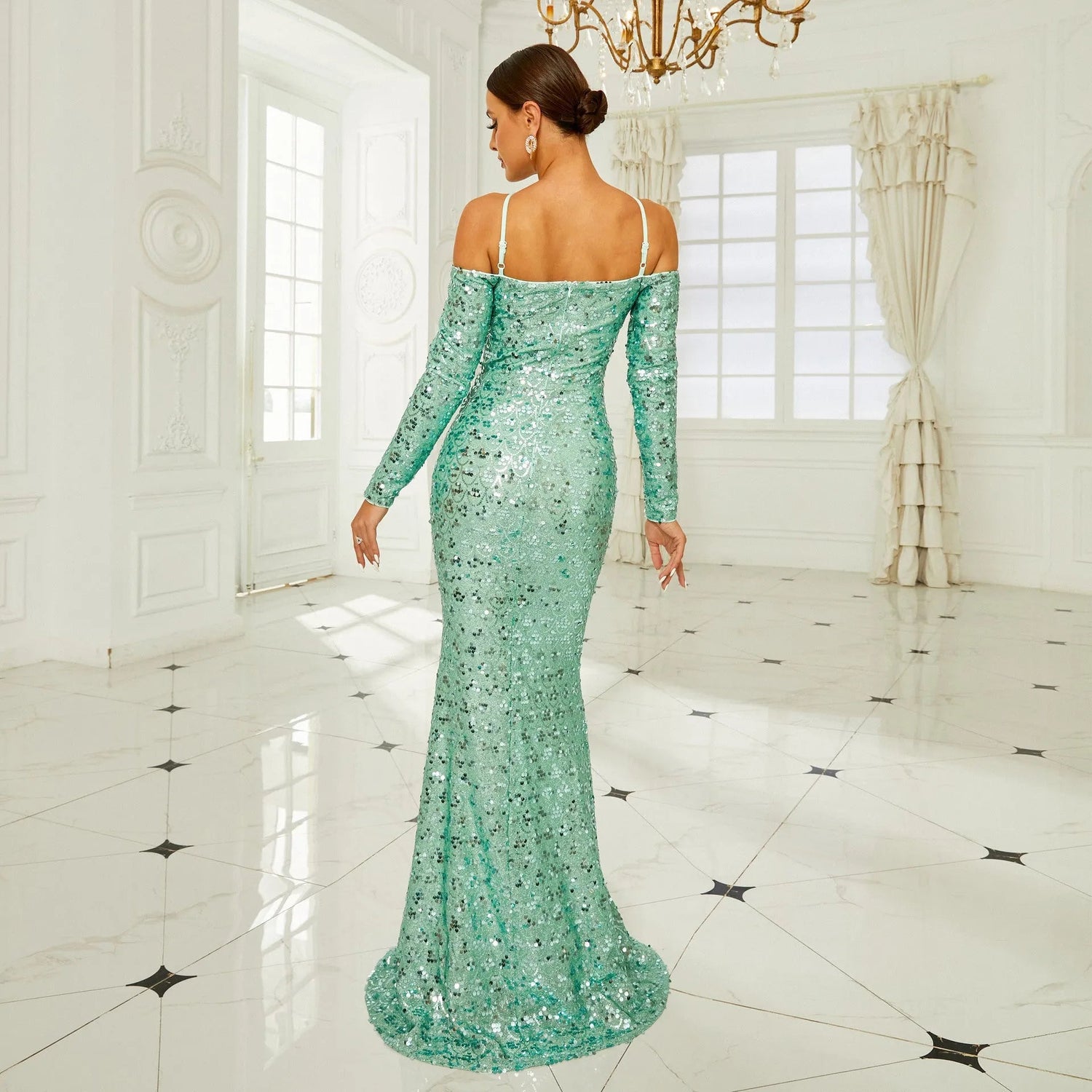 Off-Shoulder Sequin Fishtail Gown with Long Sleeves.