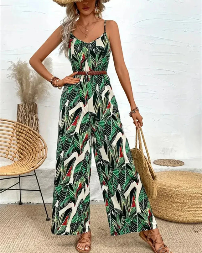 Palm Print Spaghetti Strap Jumpsuit.