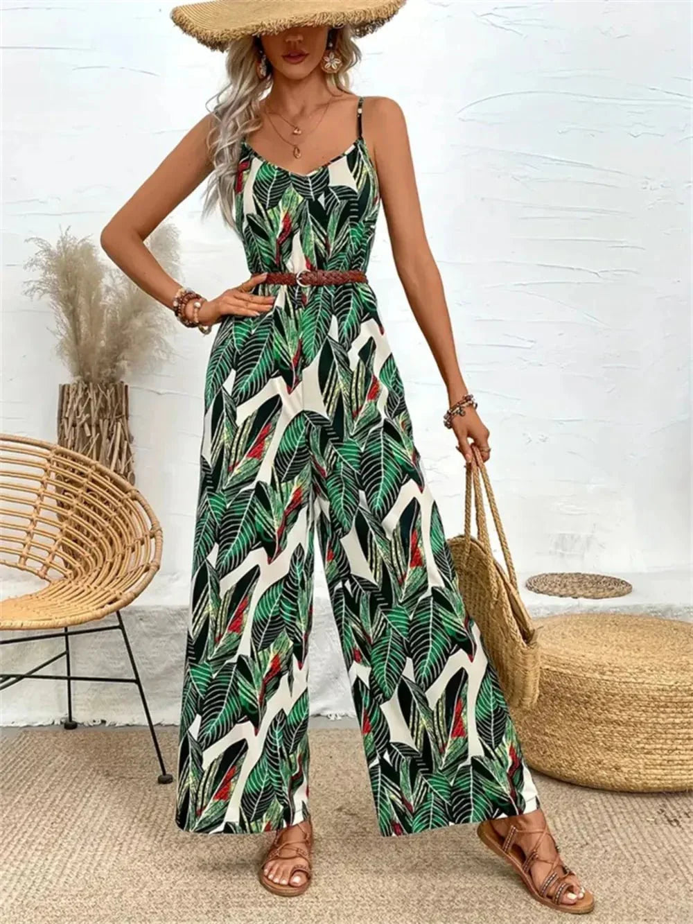 Palm Print Spaghetti Strap Jumpsuit.