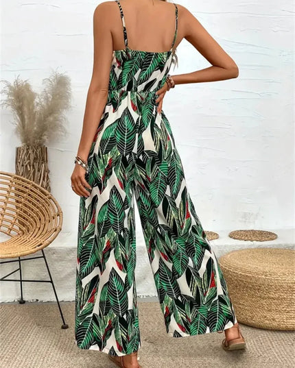 Palm Print Spaghetti Strap Jumpsuit.