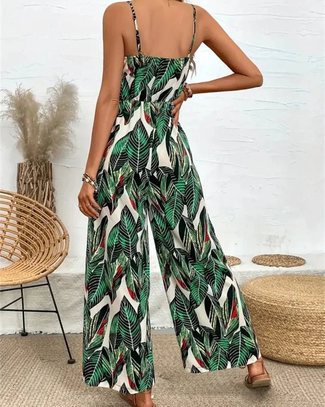 Palm Print Spaghetti Strap Jumpsuit.