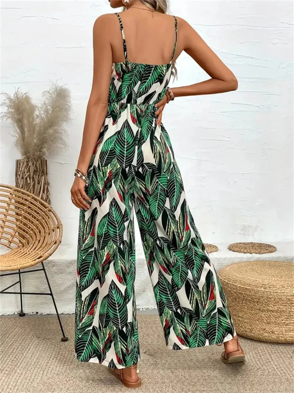 Palm Print Spaghetti Strap Jumpsuit.