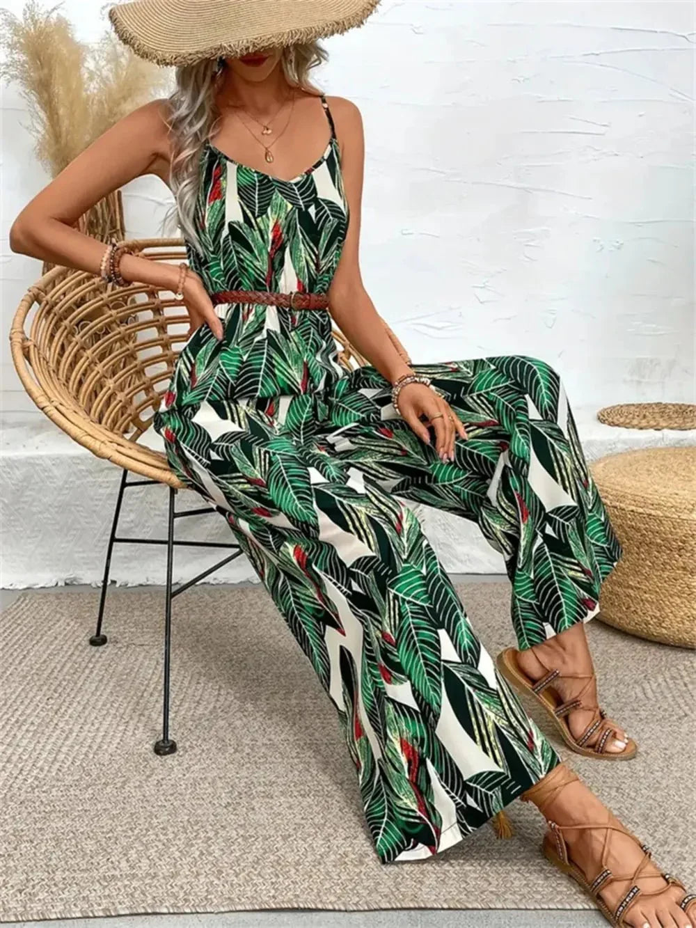Palm Print Spaghetti Strap Jumpsuit.