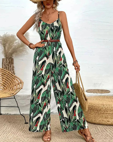 Palm Print Spaghetti Strap Jumpsuit.