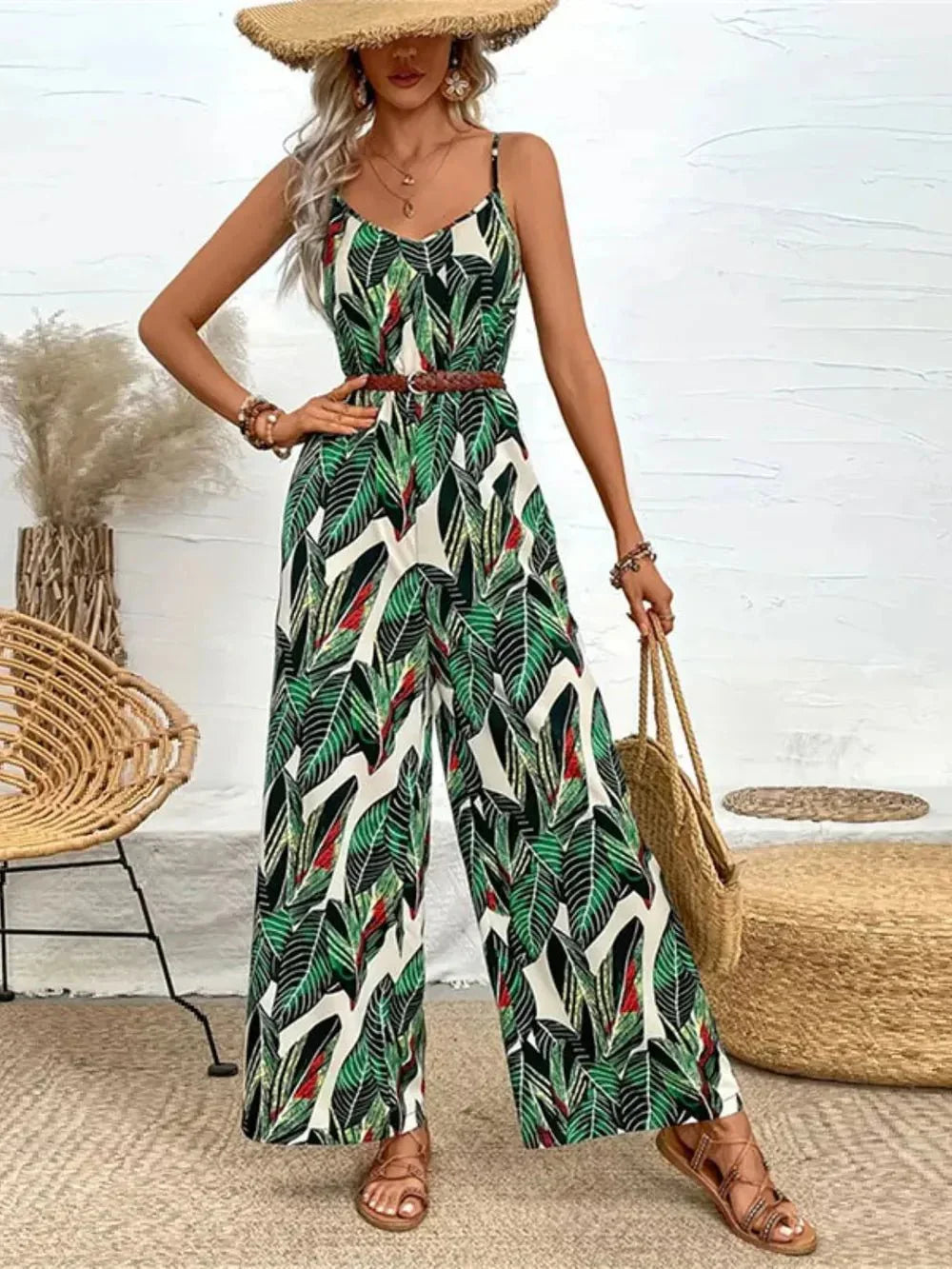 Palm Print Spaghetti Strap Jumpsuit.