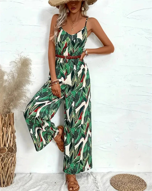 Palm Print Spaghetti Strap Jumpsuit.