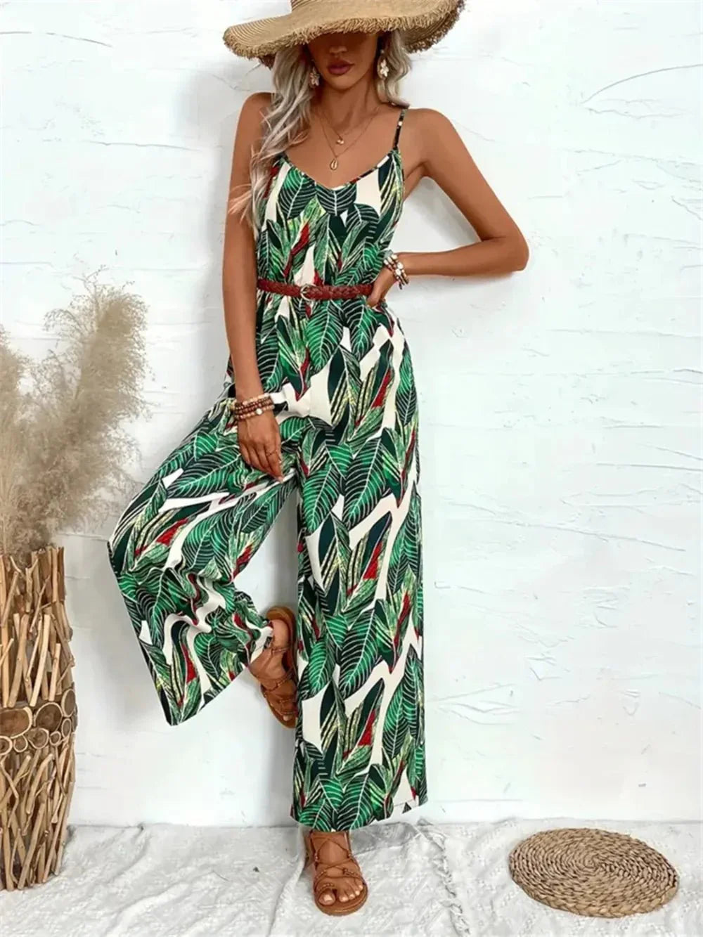 Palm Print Spaghetti Strap Jumpsuit.