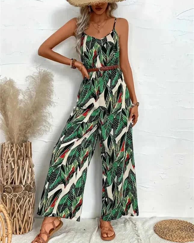 Palm Print Spaghetti Strap Jumpsuit.