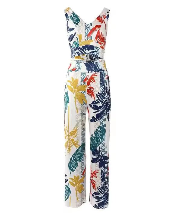 Palm Tree Print Short Sleeve Tight Jumpsuit.