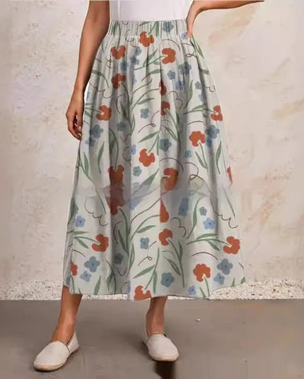 Printed Elastic Waist Slimming Large Hem Skirt.