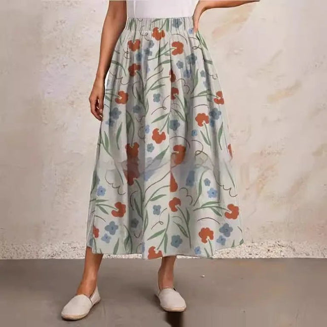 Printed Elastic Waist Slimming Large Hem Skirt.