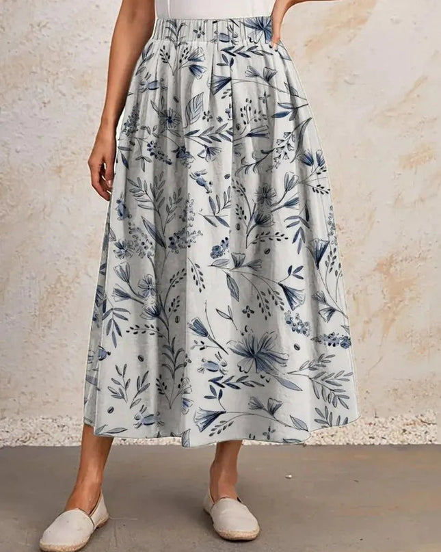 Printed Elastic Waist Slimming Large Hem Skirt.