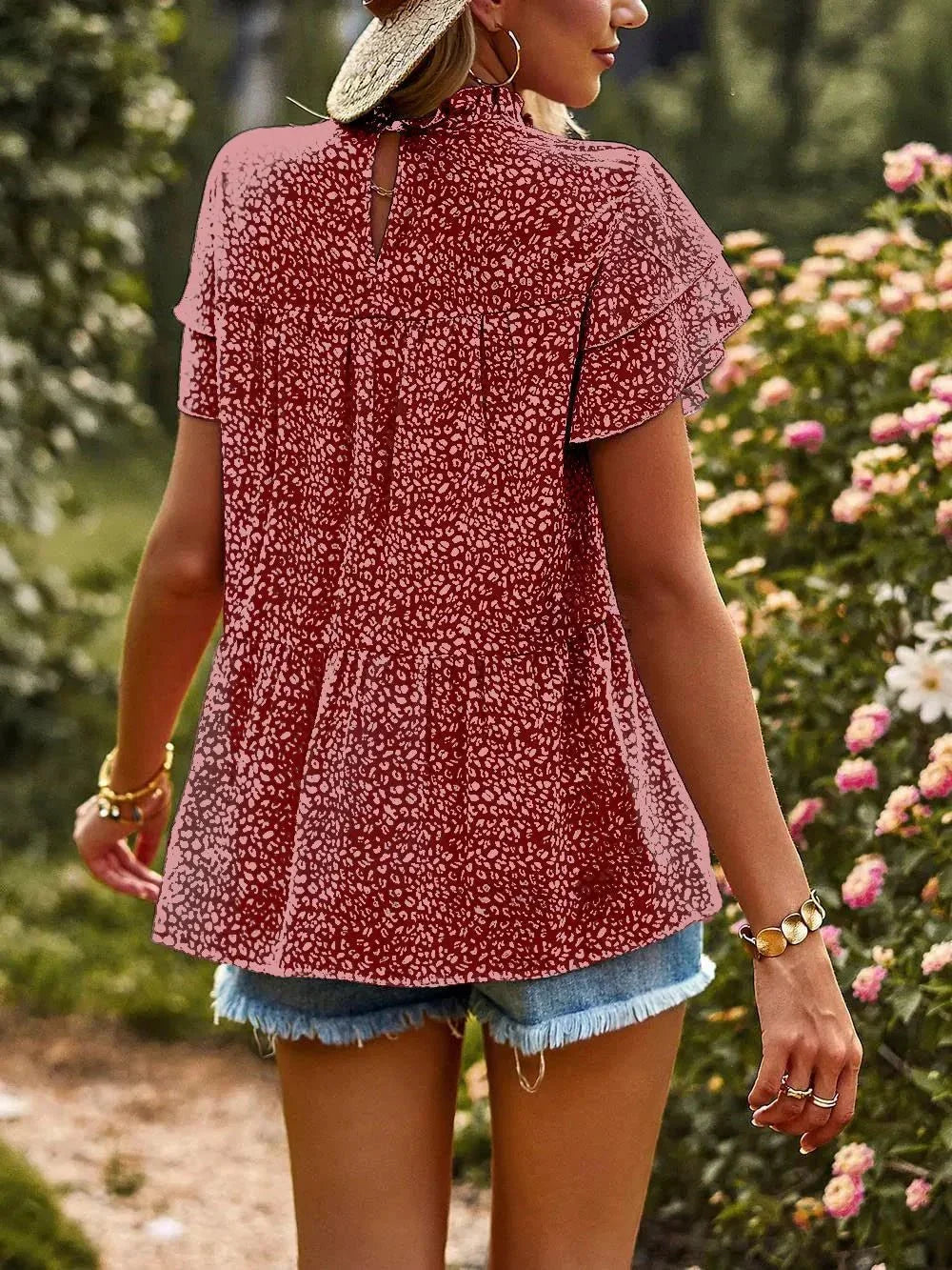 Printed Ruffle Sleeve Babydoll Blouse.