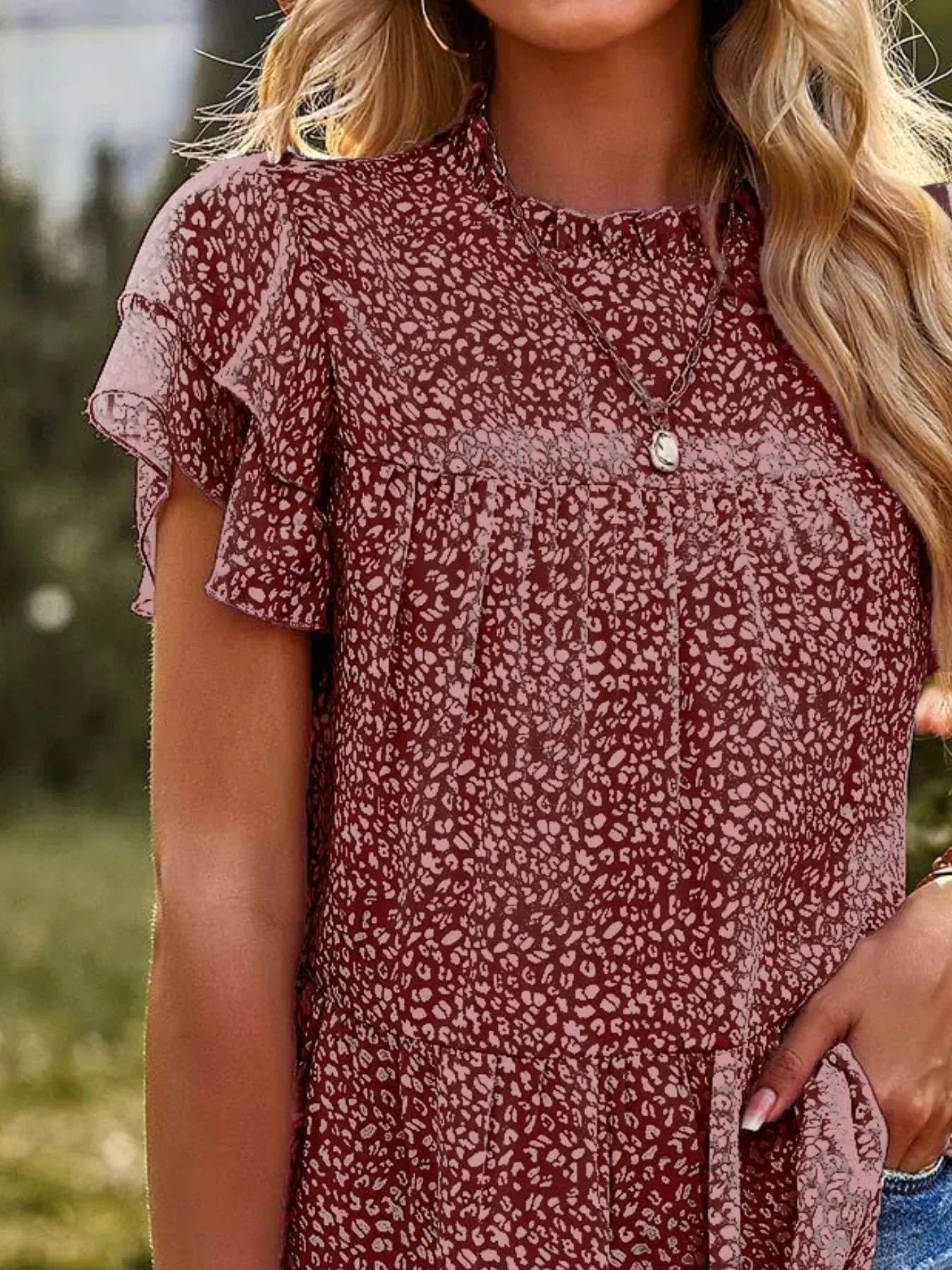 Printed Ruffle Sleeve Babydoll Blouse.