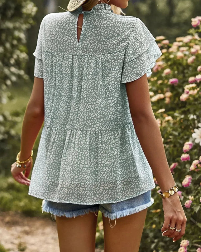 Printed Ruffle Sleeve Babydoll Blouse.