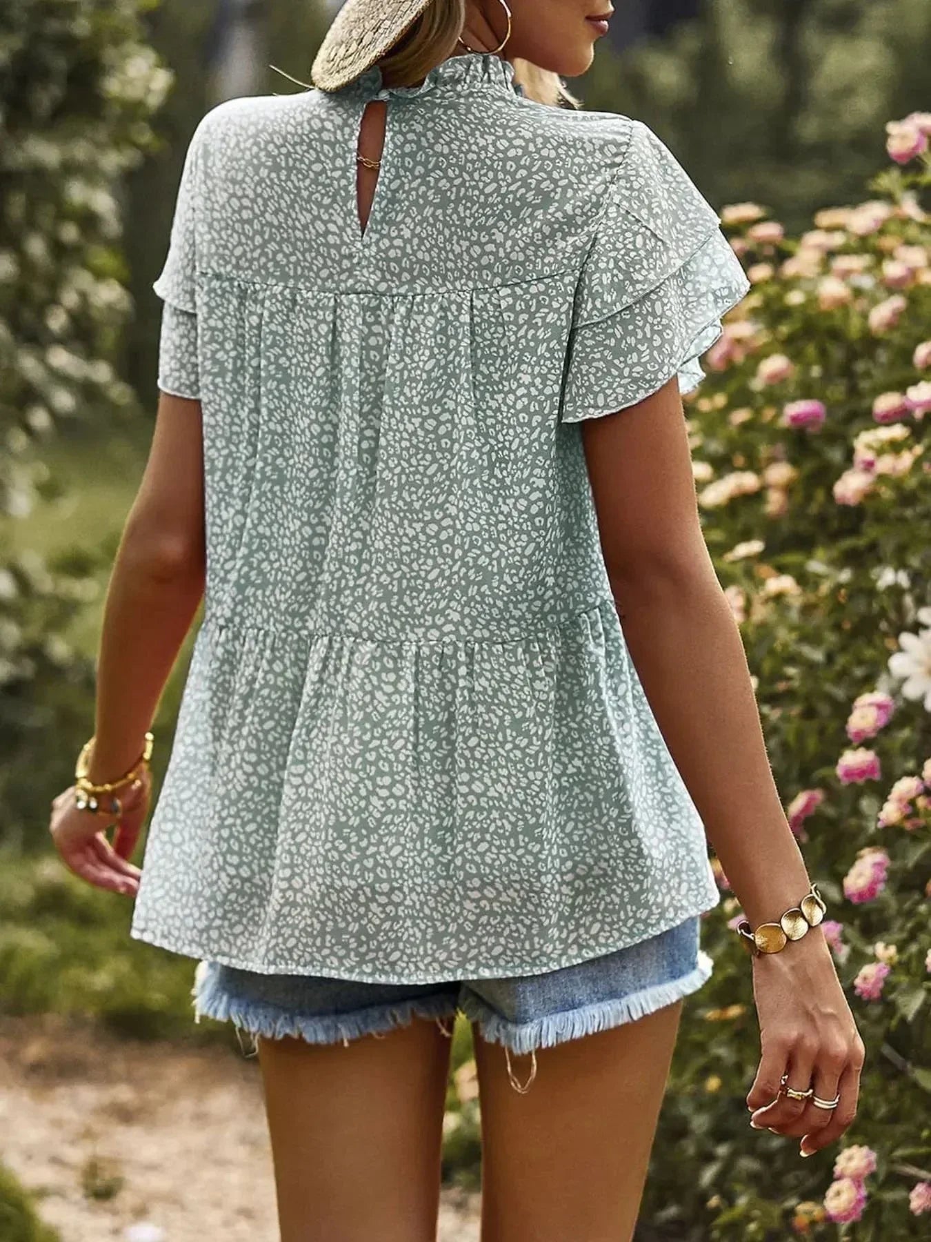 Printed Ruffle Sleeve Babydoll Blouse.
