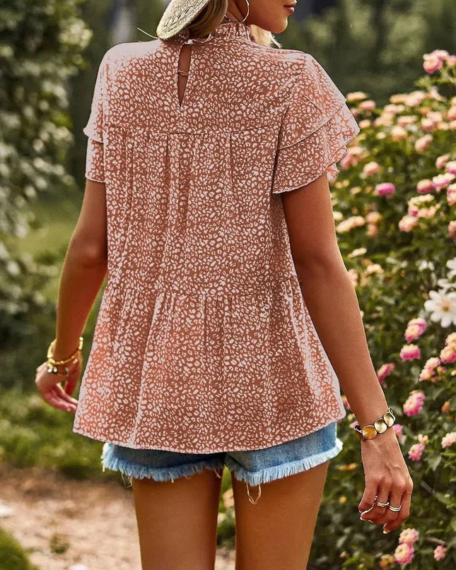 Printed Ruffle Sleeve Babydoll Blouse.