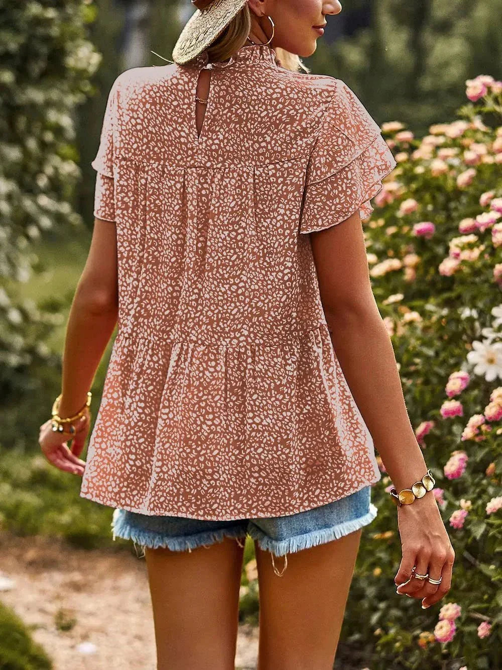 Printed Ruffle Sleeve Babydoll Blouse.