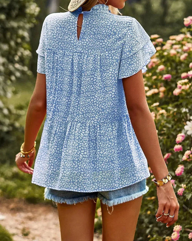 Printed Ruffle Sleeve Babydoll Blouse.