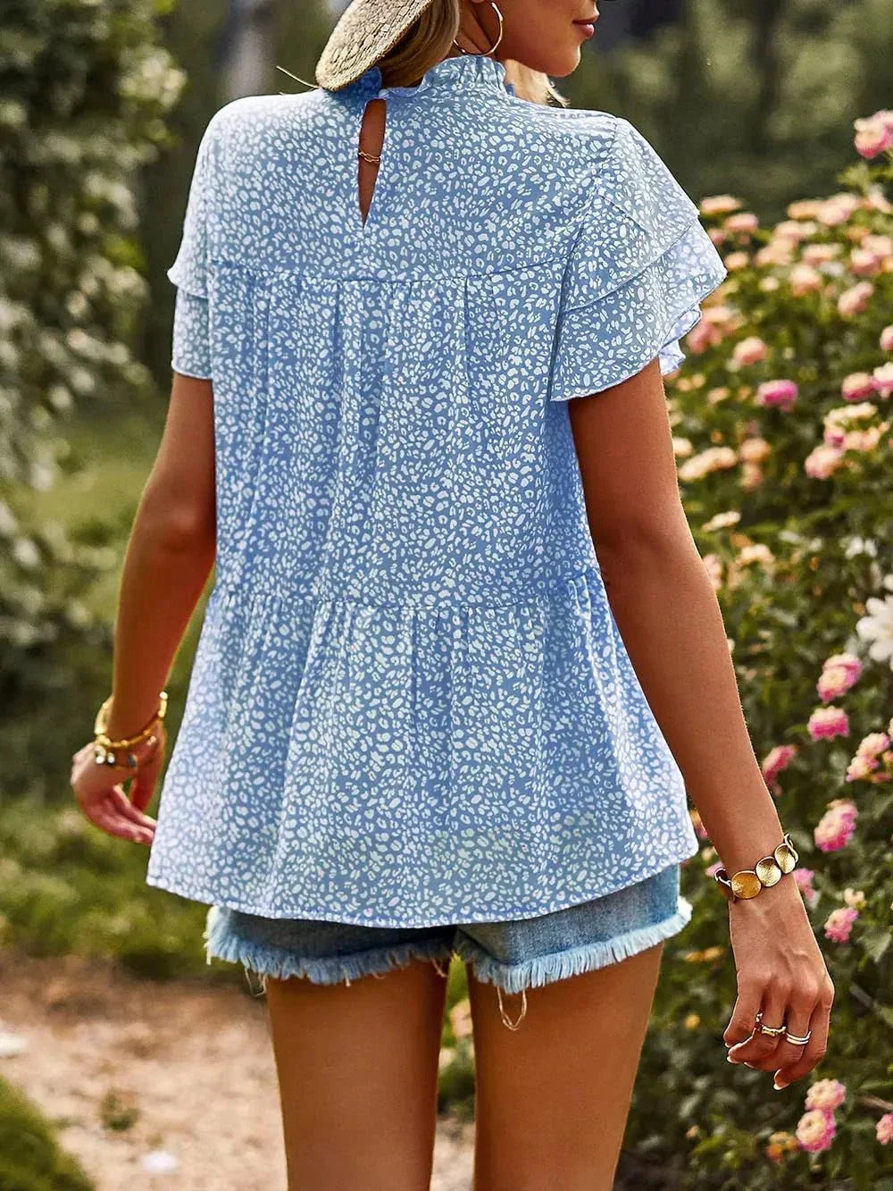 Printed Ruffle Sleeve Babydoll Blouse.