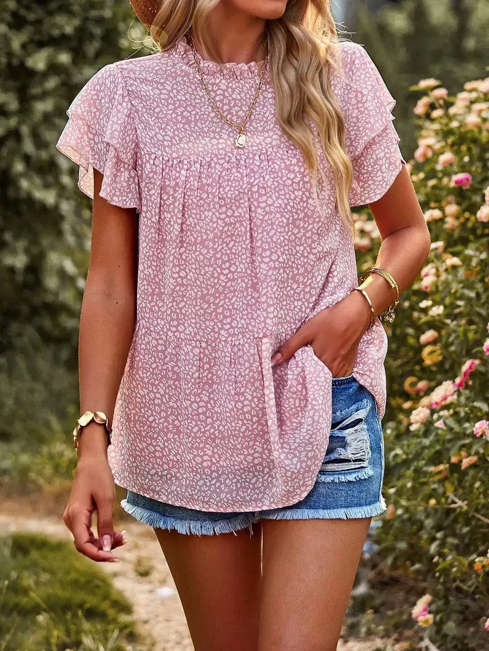 Printed Ruffle Sleeve Babydoll Blouse.