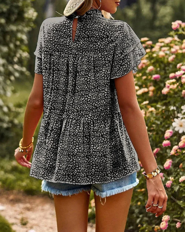 Printed Ruffle Sleeve Babydoll Blouse.