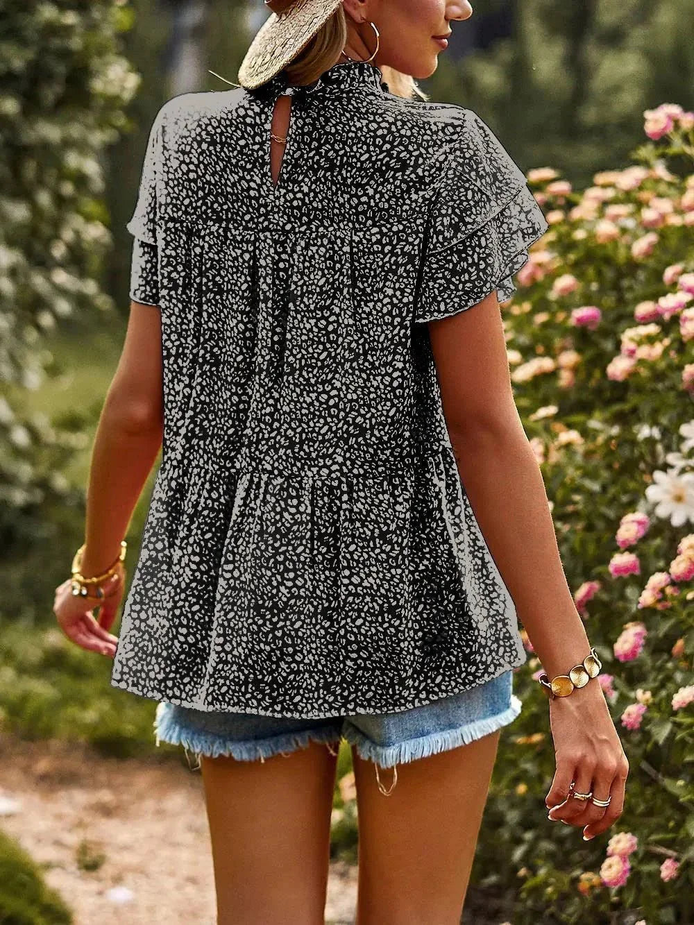 Printed Ruffle Sleeve Babydoll Blouse.