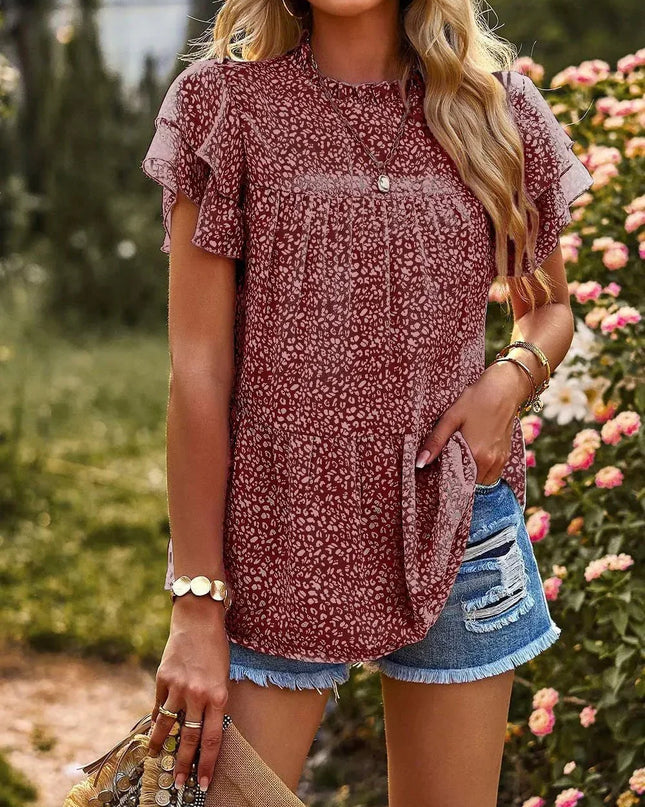 Printed Ruffle Sleeve Babydoll Blouse.