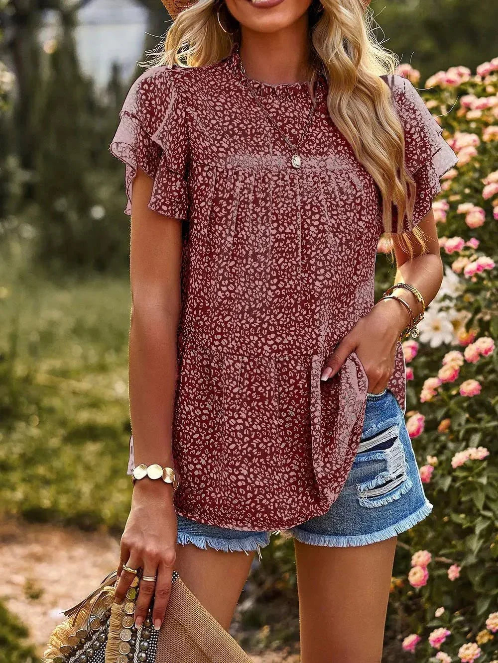 Printed Ruffle Sleeve Babydoll Blouse.
